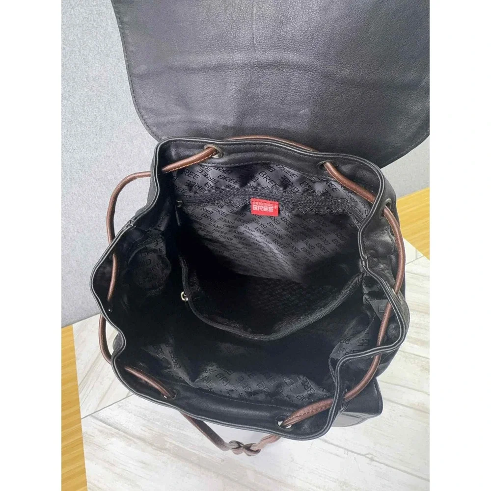 BREE Germany Leather Backpack Purse Black Brown Two Tone Drawstring Flap Bag VTG